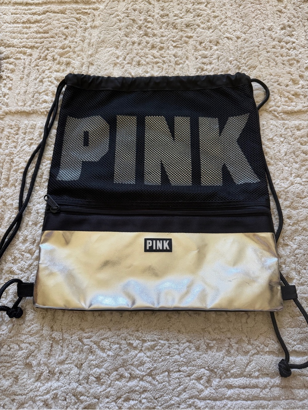 PINK Victoria's Secret Black and Metallic Silver Drawstring Backpack